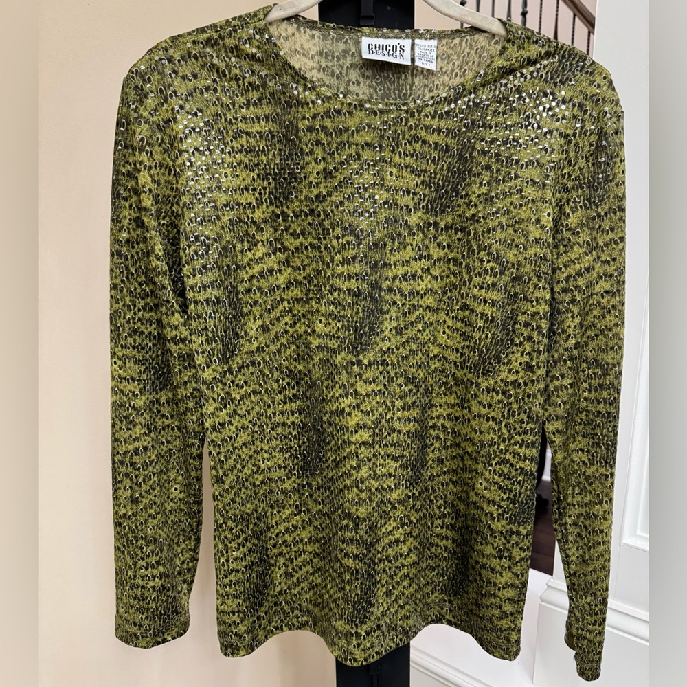 Chico's Olive Sequin Long Sleeve Top